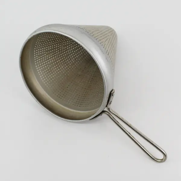 Vintage Cone Shaped Aluminum Colander Sieve With Stand Wood Pestle