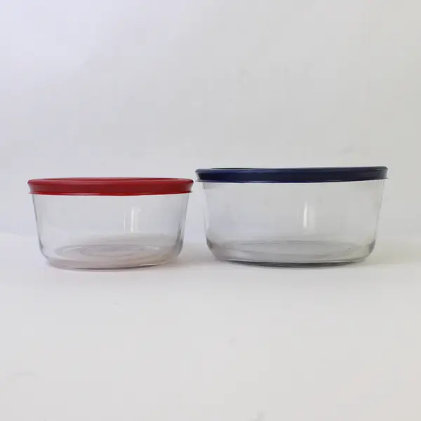 Lot of 2 Anchor Hocking Glass Food Storage Bowls 4 Cup Red & 7 Cup Blue
