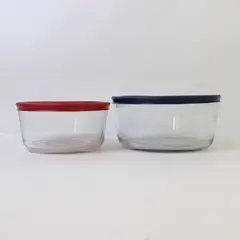 Lot of 2 Anchor Hocking Glass Food Storage Bowls 4 Cup Red & 7 Cup Blue