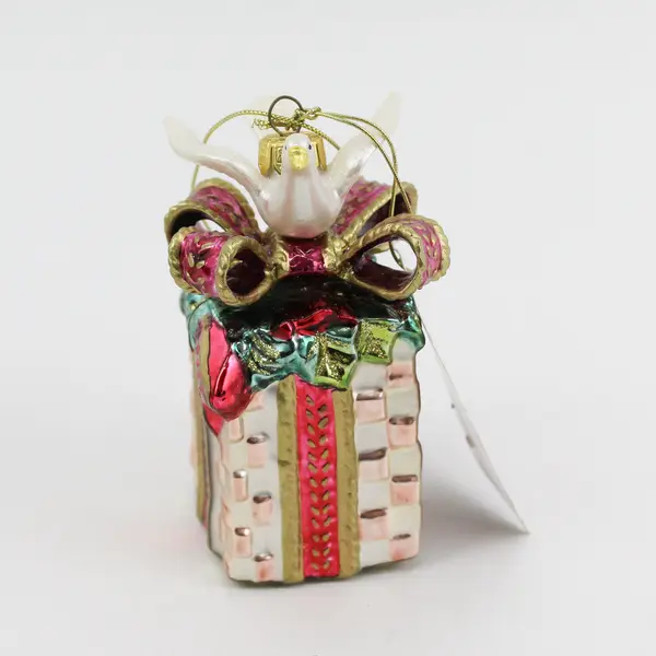 Fitz and Floyd Glass Gregorian Gift Box with Dove On top Christmas Ornament