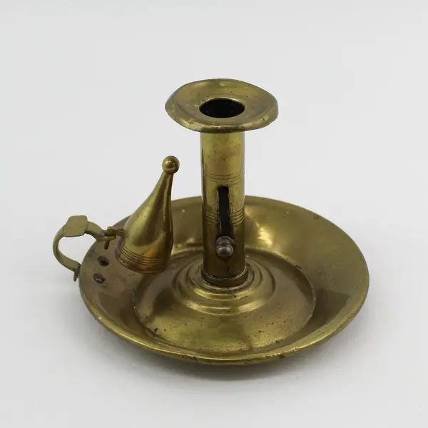 Antique Brass Ejector Chamberstick With Snuffer And Wide Drip Pan