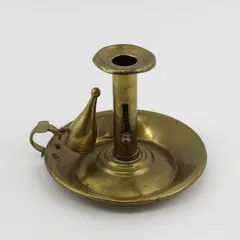 Antique Brass Ejector Chamberstick With Snuffer And Wide Drip Pan