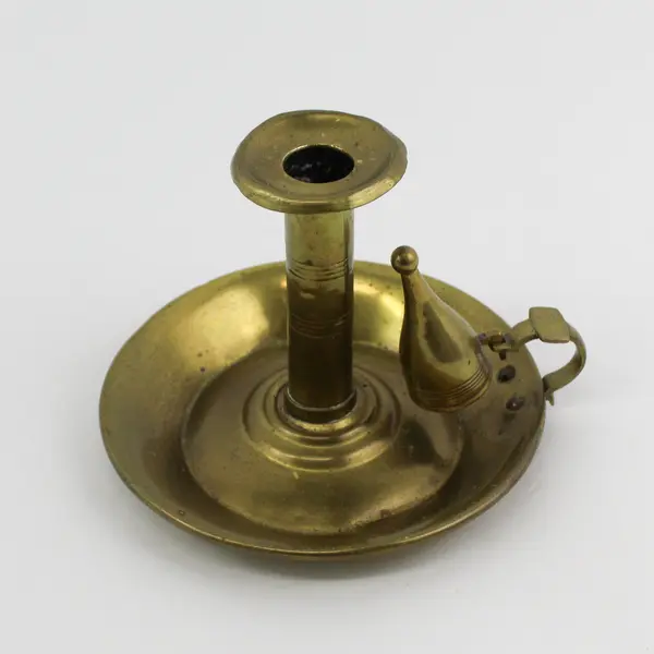 Antique Brass Ejector Chamberstick With Snuffer And Wide Drip Pan