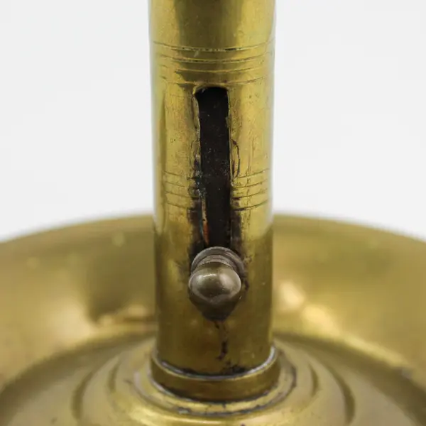 Antique Brass Ejector Chamberstick With Snuffer And Wide Drip Pan