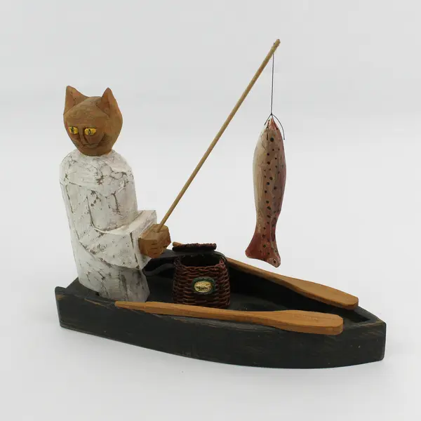 Hand Carved And Hand Painted Fishing Cat In A Rowboat Sculpture Signed