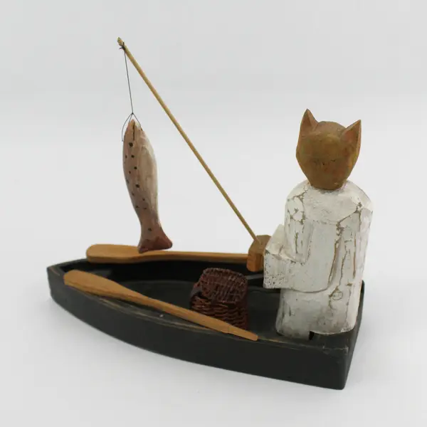 Hand Carved And Hand Painted Fishing Cat In A Rowboat Sculpture Signed