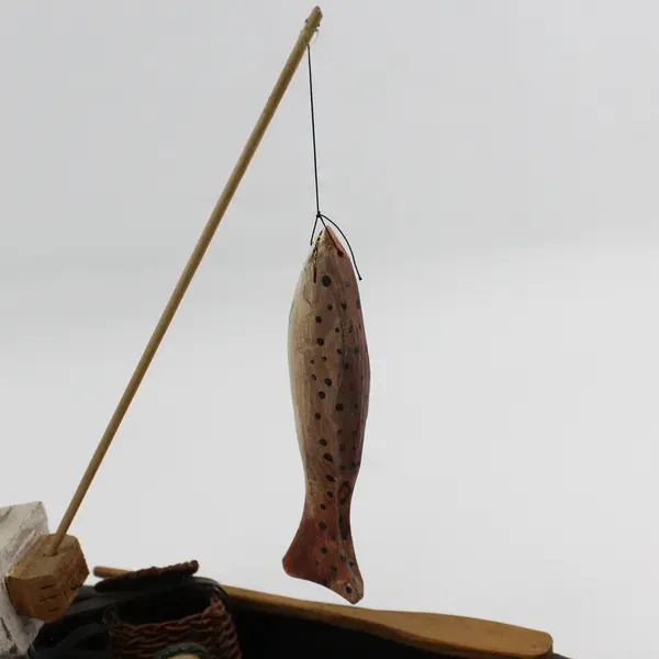 Hand Carved And Hand Painted Fishing Cat In A Rowboat Sculpture Signed