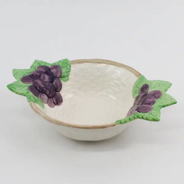 1990 Fitz And Floyd Basket Weave Pattern Bowl W/ Embossed Grape Cluster Handles