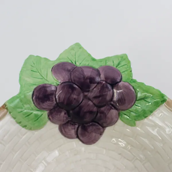 1990 Fitz And Floyd Basket Weave Pattern Bowl W/ Embossed Grape Cluster Handles