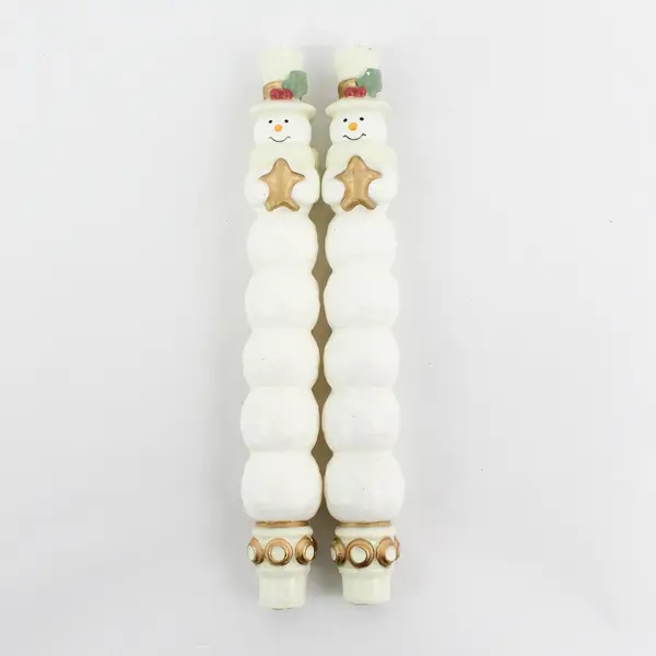 Christmas Snowmen Wearing Top Hats And Holding Gold Stars Taper Candles 10"