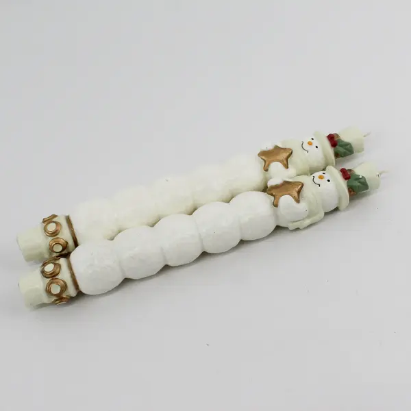 Christmas Snowmen Wearing Top Hats And Holding Gold Stars Taper Candles 10"