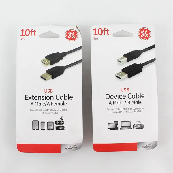 Lot of 2 Device Cable Connects USB Printer to Computer, Model 34504-GE 10 ft