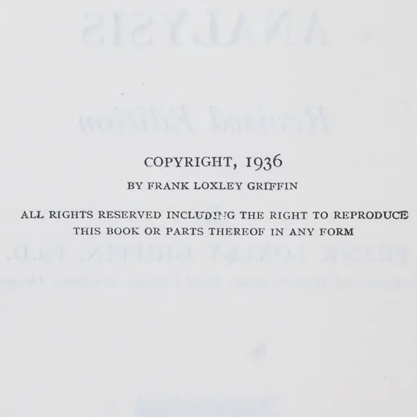 An Introduction to Mathematical Analysis Frank Loxley Griffin 1936 Revised Ed HC