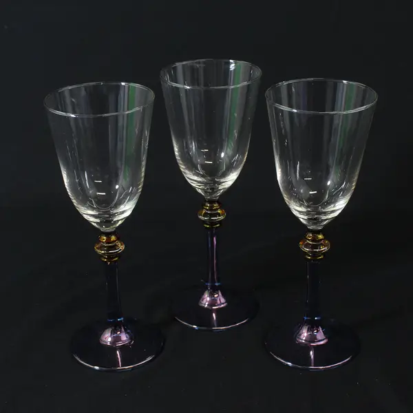 Set of 3 Cristalleria Fumo Wine Glasses Iridescent Blue Stems Red & Gold Bands