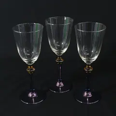 Set of 3 Cristalleria Fumo Wine Glasses Iridescent Blue Stems Red & Gold Bands