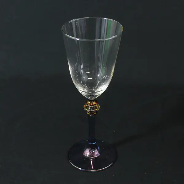 Set of 3 Cristalleria Fumo Wine Glasses Iridescent Blue Stems Red & Gold Bands