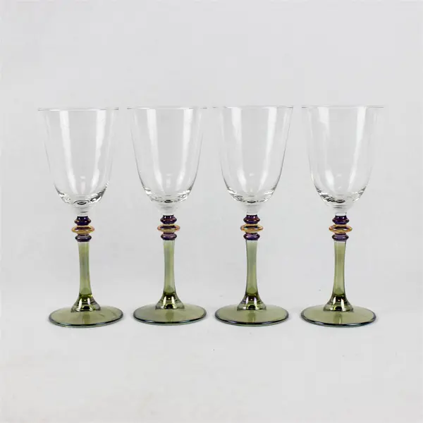 4 Cristalleria Fumo Wine Glasses Iridescent Green Stems Purple & Gold Bands