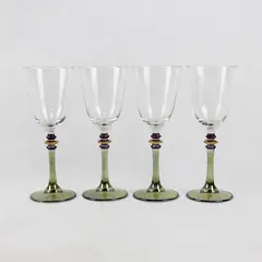 4 Cristalleria Fumo Wine Glasses Iridescent Green Stems Purple & Gold Bands