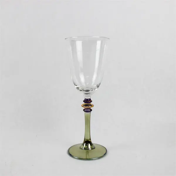 4 Cristalleria Fumo Wine Glasses Iridescent Green Stems Purple & Gold Bands