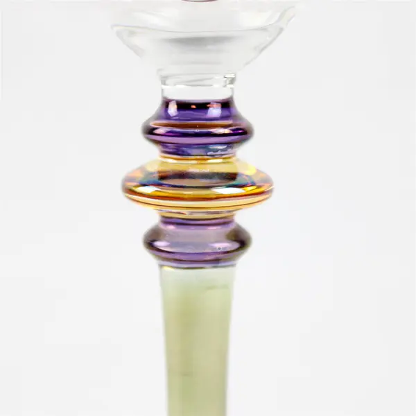 4 Cristalleria Fumo Wine Glasses Iridescent Green Stems Purple & Gold Bands