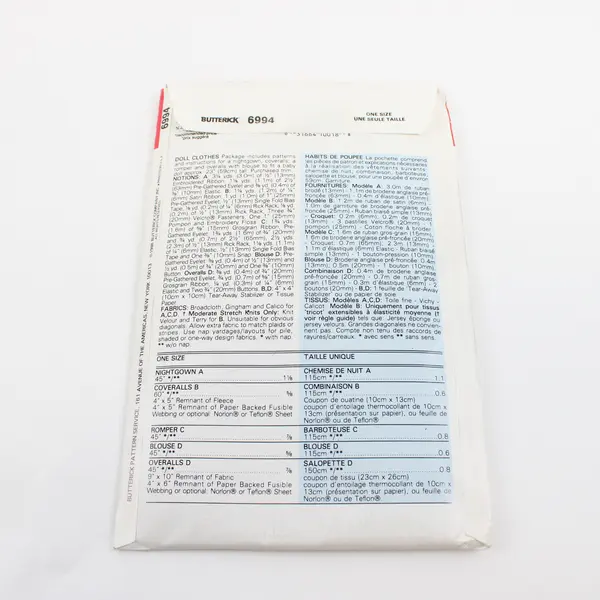 Vintage Butterick 6994 One Size Dolls' Clothes Sewing Pattern 1988