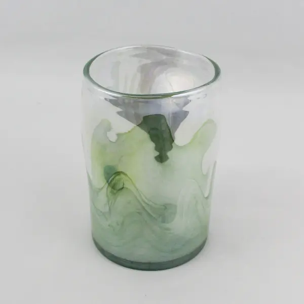 Hand Blown Art Glass Vase Green Wave Type Pattern On Bottom Half 7.25"