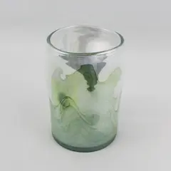 Hand Blown Art Glass Vase Green Wave Type Pattern On Bottom Half 7.25"