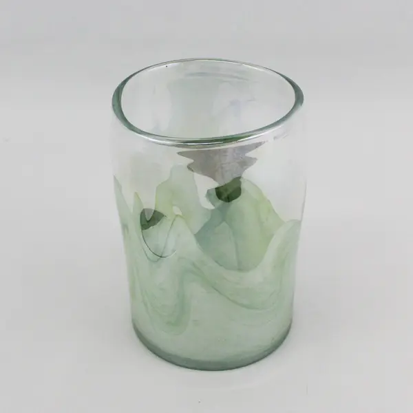 Hand Blown Art Glass Vase Green Wave Type Pattern On Bottom Half 7.25"