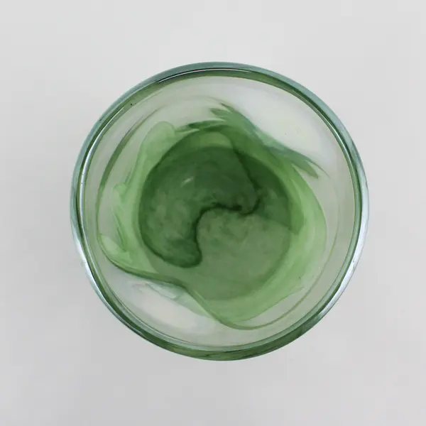 Hand Blown Art Glass Vase Green Wave Type Pattern On Bottom Half 7.25"