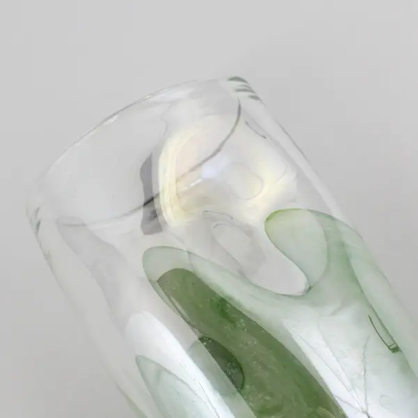 Hand Blown Art Glass Vase Green Wave Type Pattern On Bottom Half 7.25"