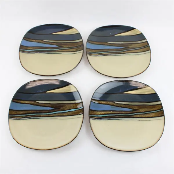 Lot Of 4 Gibson Designs Althea Teal Pattern Square Ceramic Dinner Plates W/ Chip