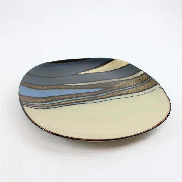 Lot Of 4 Gibson Designs Althea Teal Pattern Square Ceramic Dinner Plates W/ Chip