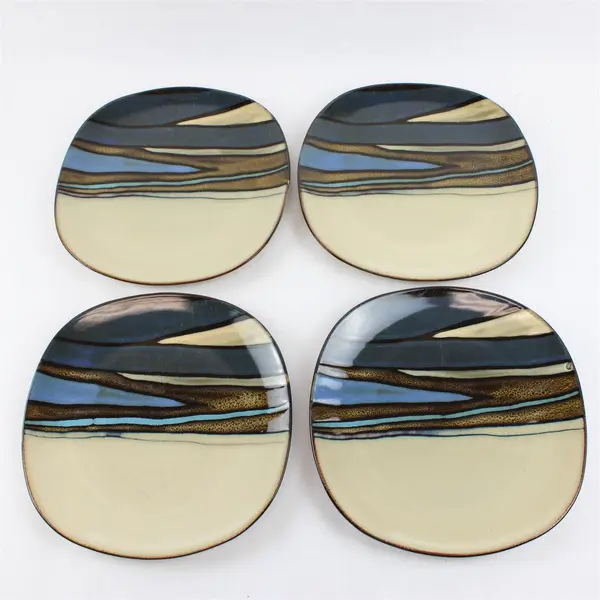 Lot Of 4 Gibson Designs Althea Teal Pattern Square Ceramic Dinner Plates 11"