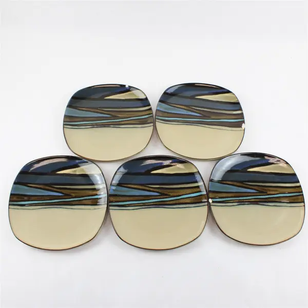 Lot Of 5 Gibson Designs Althea Teal Pattern Square Ceramic Salad Plates 8.75"