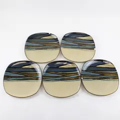 Lot Of 5 Gibson Designs Althea Teal Pattern Square Ceramic Salad Plates 8.75"