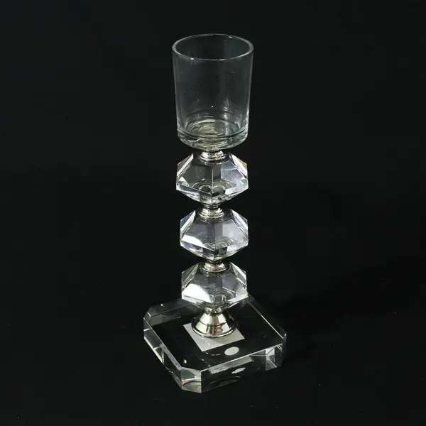 Vintage Clear Glass Diamond Design Silver Accented Votive Candle Holder MCM