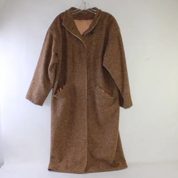 Vintage Unbranded Women's XL/2XL Brown Satin Lined Wool Tweed Overcoat