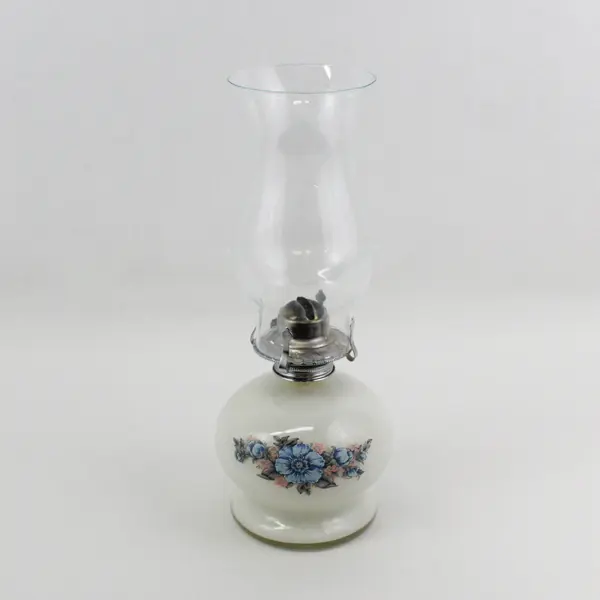 Vtg Lamplight Farms Milk Glass Lantern Base Hurricane Lantern Blue Floral 