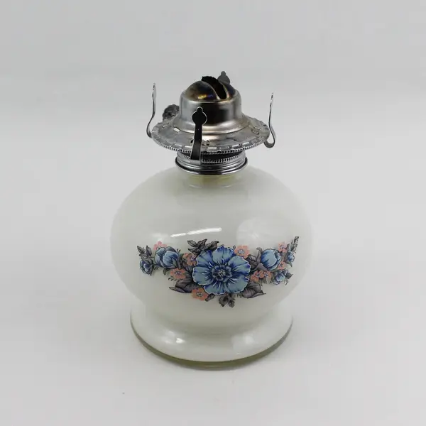 Vtg Lamplight Farms Milk Glass Lantern Base Hurricane Lantern Blue Floral 