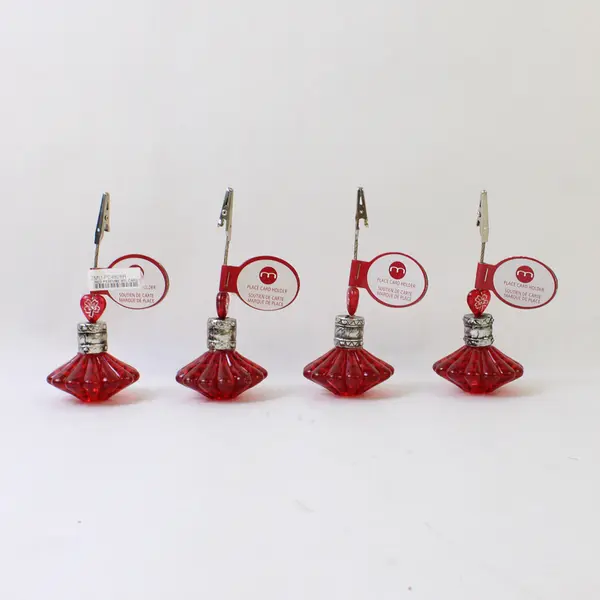 Lot Of 4 Matching Red Perfume Bottle Place Card Holder 5.25" Tall