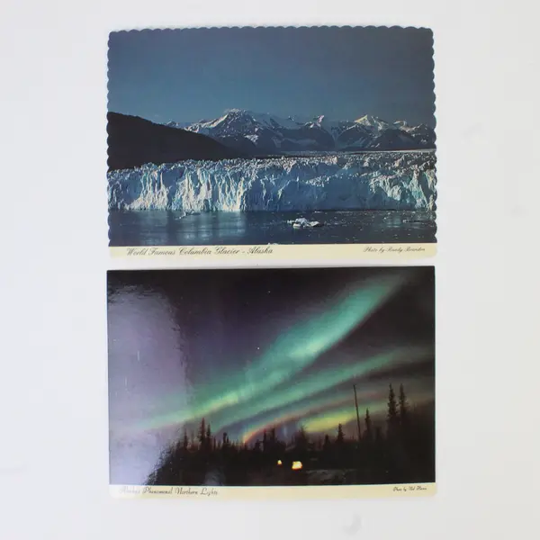 Lot Of 2 Vintage Alaska Postcards Columbia Glacier Phenomenal Northern Lights