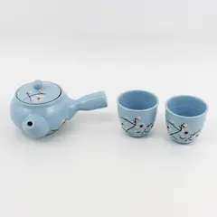 Sky Blue Ceramic Asian-Design Teapot w/Strainer and 2 x Matching Cups 