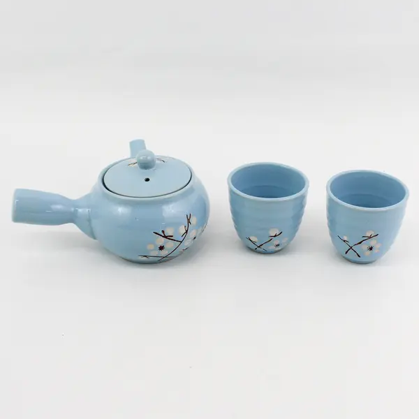 Sky Blue Ceramic Asian-Design Teapot w/Strainer and 2 x Matching Cups 