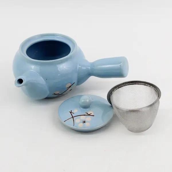 Sky Blue Ceramic Asian-Design Teapot w/Strainer and 2 x Matching Cups 