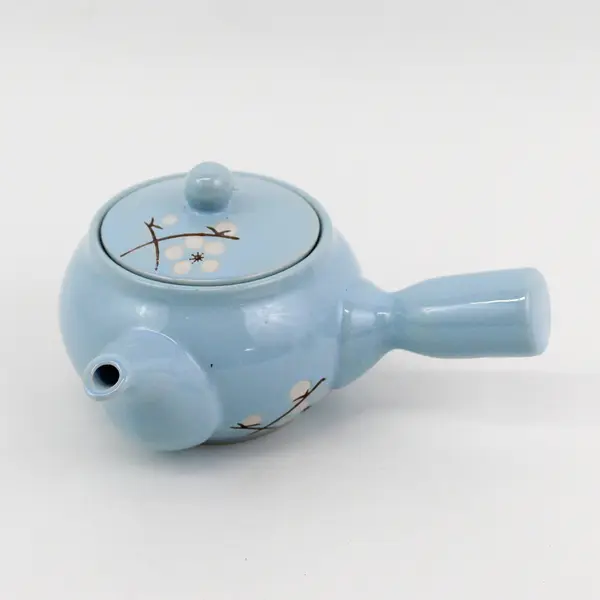 Sky Blue Ceramic Asian-Design Teapot w/Strainer and 2 x Matching Cups 