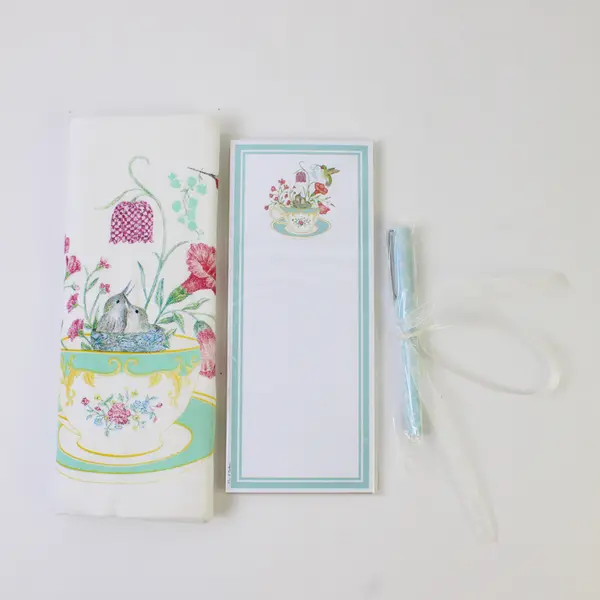 Set Of 3 Alice's Cottage Matching Hummingbird & Tea Cup Note Pad, Pen, Tea Towel