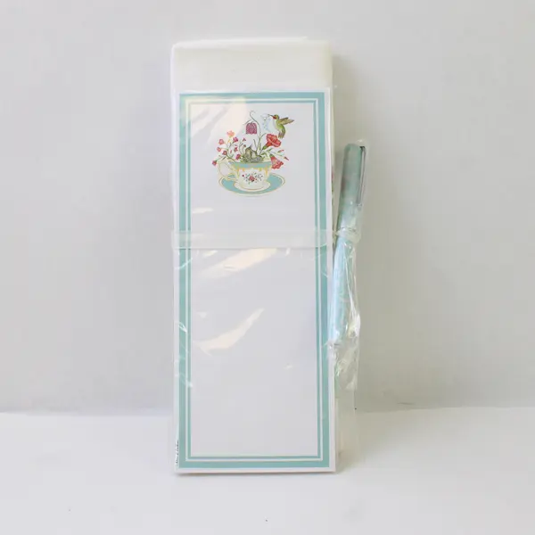 Set Of 3 Alice's Cottage Matching Hummingbird & Tea Cup Note Pad, Pen, Tea Towel