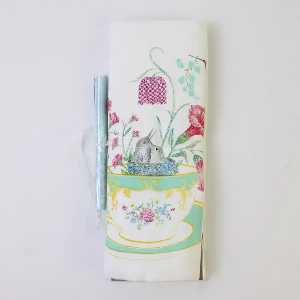 Set Of 3 Alice's Cottage Matching Hummingbird & Tea Cup Note Pad, Pen, Tea Towel
