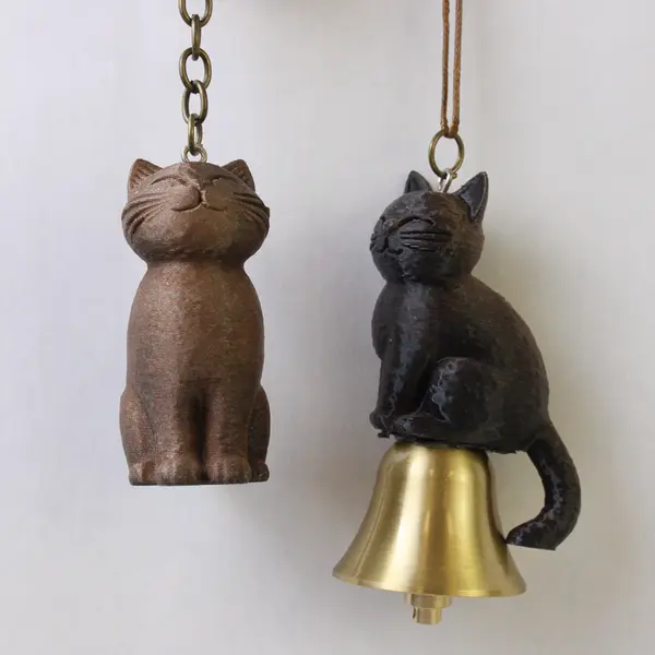 Lot Of 2 Unbranded Brown & Black Cat & Bell 3D Printed Hanging Ornaments
