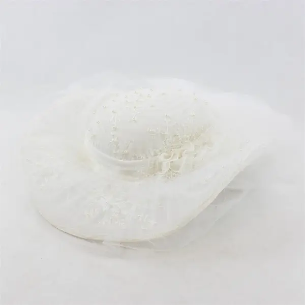 Vintage White Lace & Tulle w/Faux Pearls & Rhinestones Wedding Hat Veil - 1980's